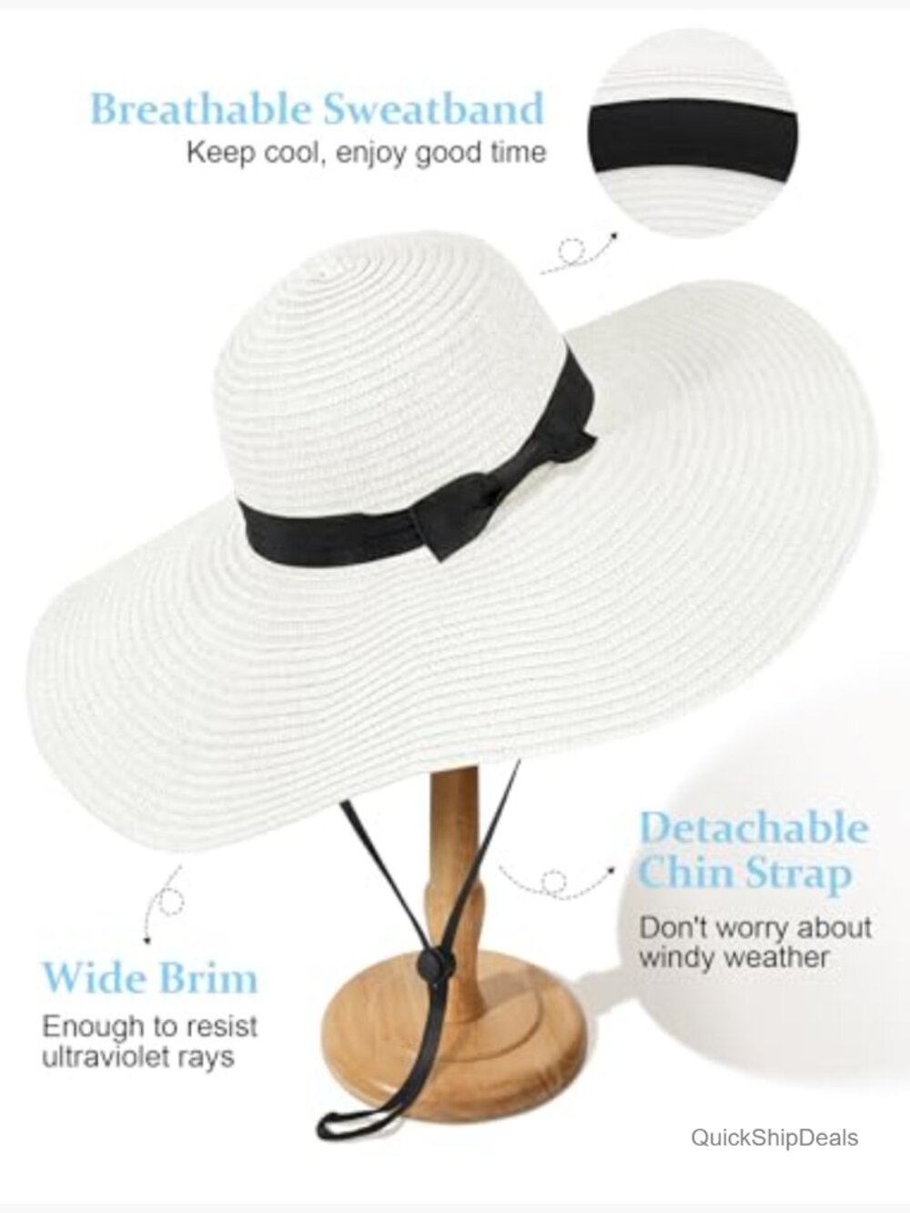 Oversize Wide Brim Floppy Straw Beach Hat UPF 50+ Foldable Roll-Up Sun Hat - Picture 2 of 7